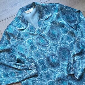 Vtg Silk Paisley Button Down Shirt by Braemar Jeremy Scott Blue Navy Turquoise M